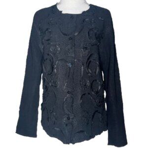 UBU Black Textured Long Sleeve Floral Design Women's Button Down Top Minimalist